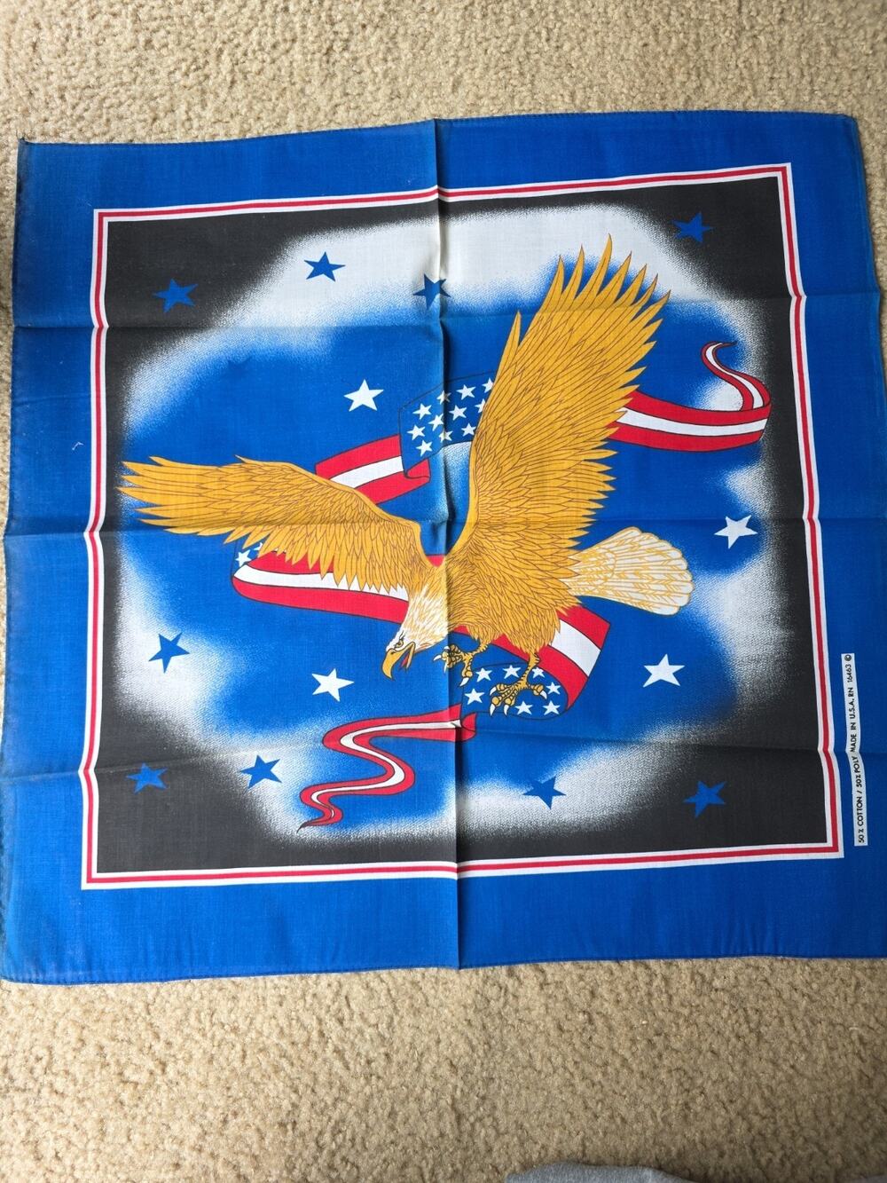 Vintage 80s American Flag Bald Eagle Bandana Handkerchief Made In USA 22"